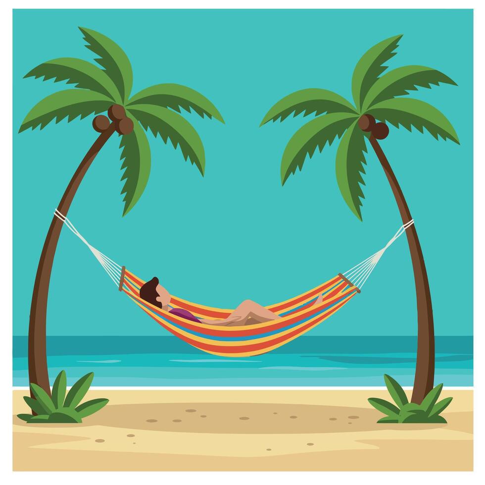 Man Relaxing in Hammock Between Two Palm Trees on Tropical Beach Illustration vector