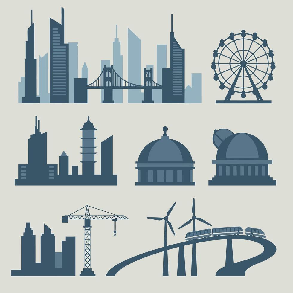 Urban skyline with skyscrapers bridges ferris wheel wind turbines and train illustration in blue tones vector