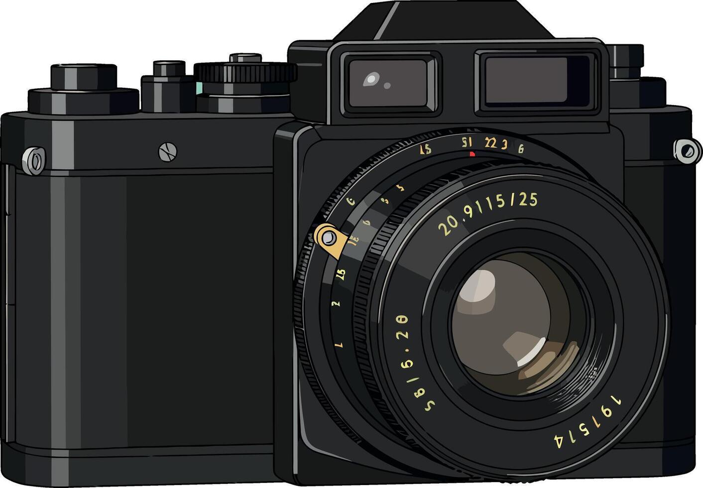 Vintage black camera illustration with detailed lens and controls image vector