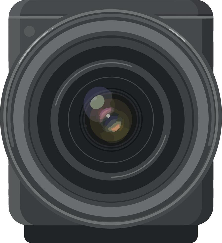 Camera lens front view illustration with detailed glass reflections and black housing vector