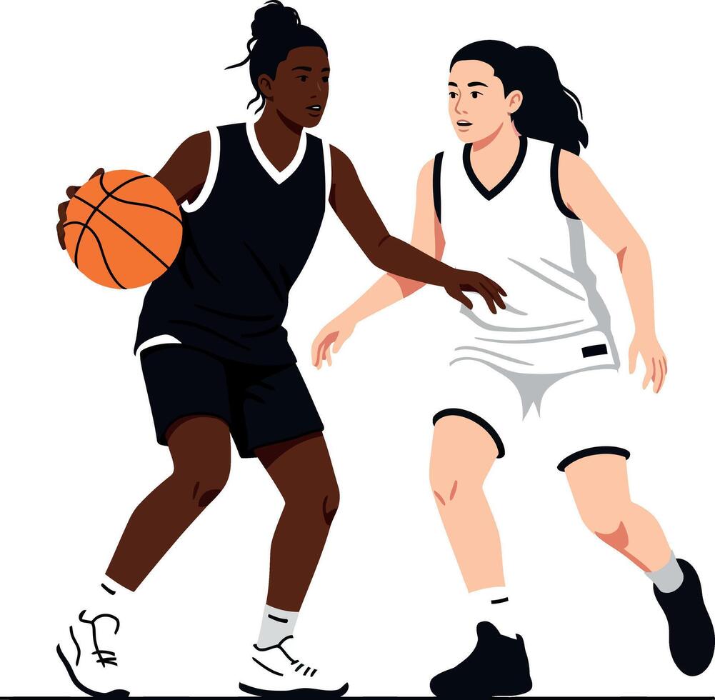 Women basketball players competing in black and white uniforms illustration vector