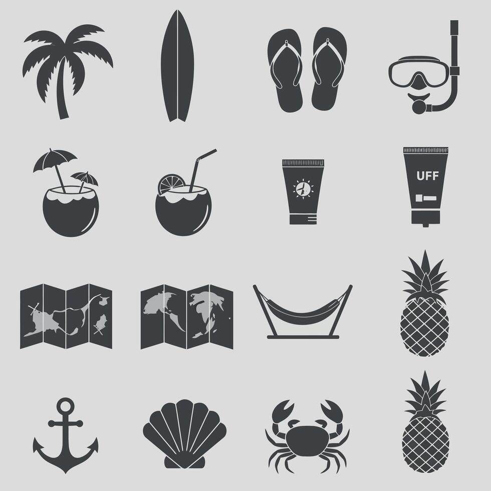 Tropical summer vacation icons set with palm tree surfboard flip flops snorkeling pineapple crab vector