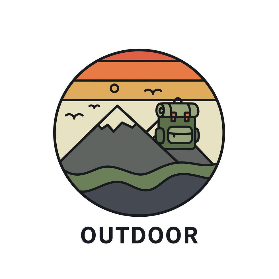 Outdoor adventure logo design with mountain, backpack, and sunset landscape elements vector