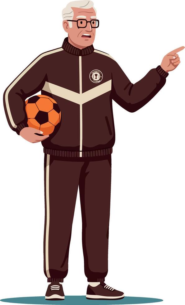 Elderly man in tracksuit holding soccer ball pointing finger illustration vector