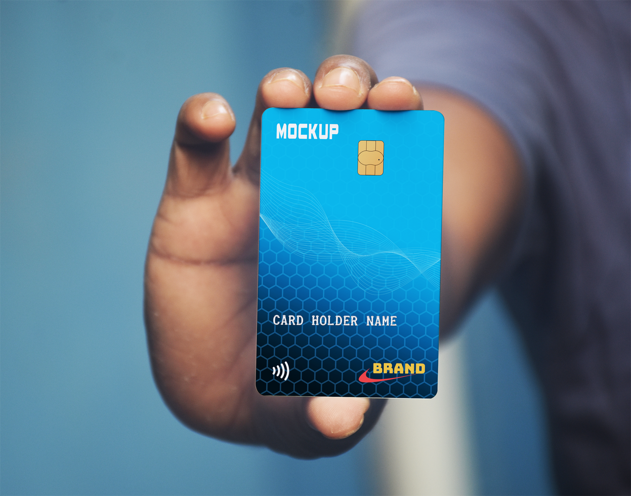 Vertical Credit Card, Debit Card, Gift Card, Discount card in Hand Mockup psd