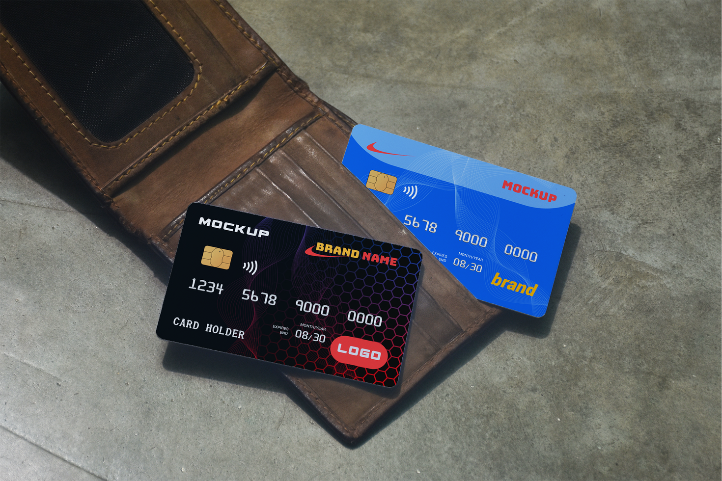 Two Credit Card, Debit Card, Gift Card, Discount card in Purse Mockup psd