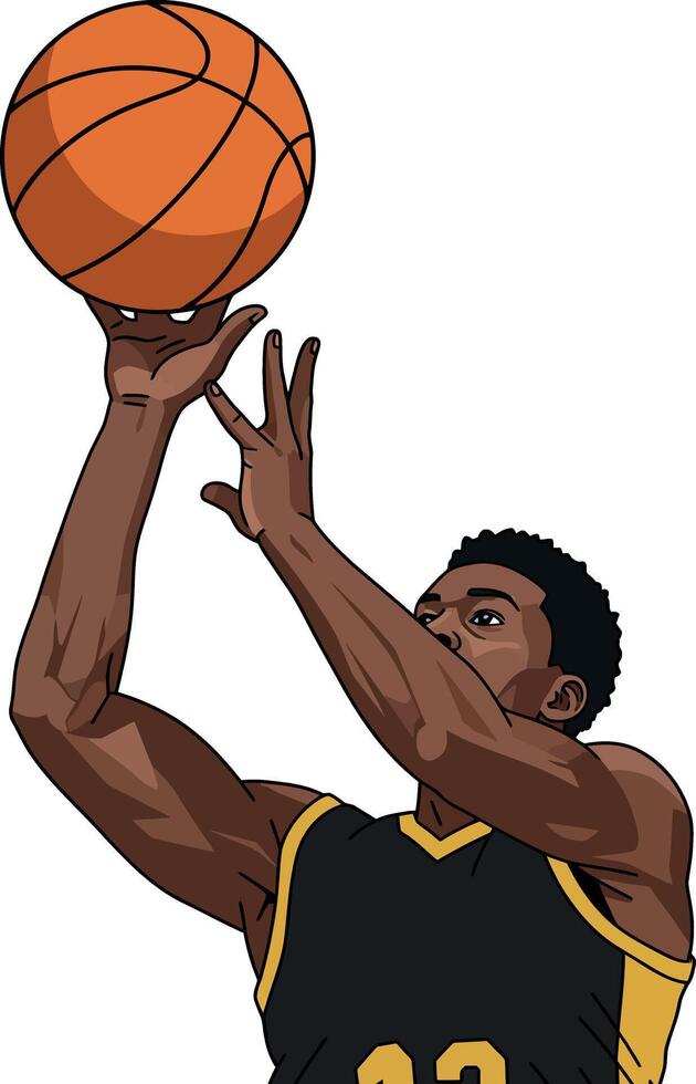 Basketball player shooting jump shot in black and yellow uniform illustration vector
