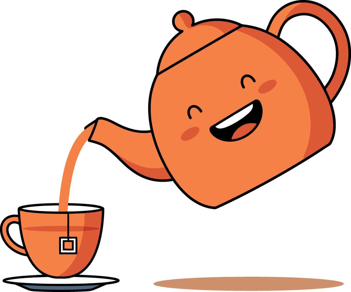 Happy orange teapot pouring tea into cup illustration with saucer vector