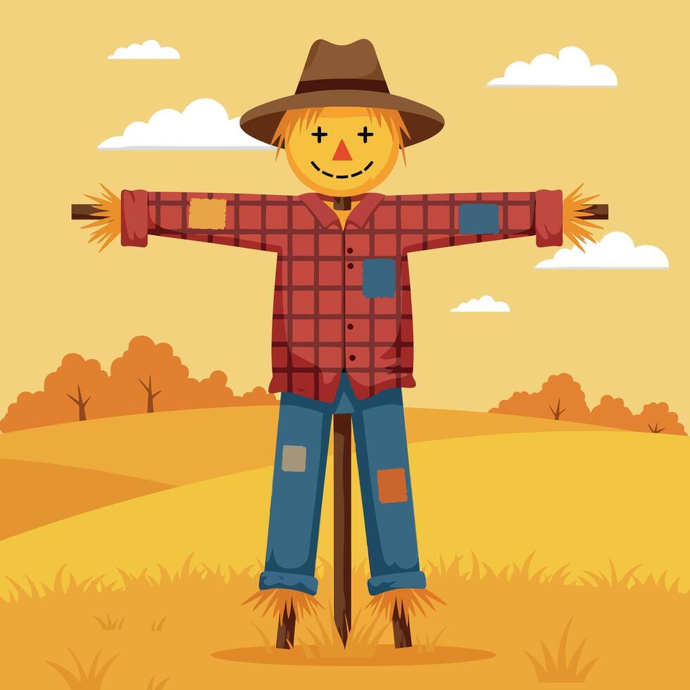 Scarecrow in autumn field with patchwork clothes and hat illustration vector
