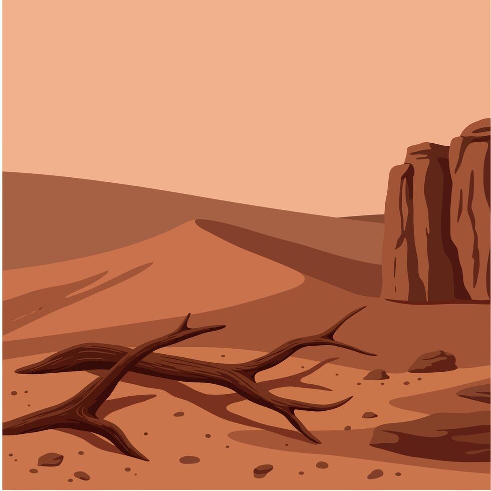 Desert landscape with dry branches and rocky formations in warm tones illustration vector