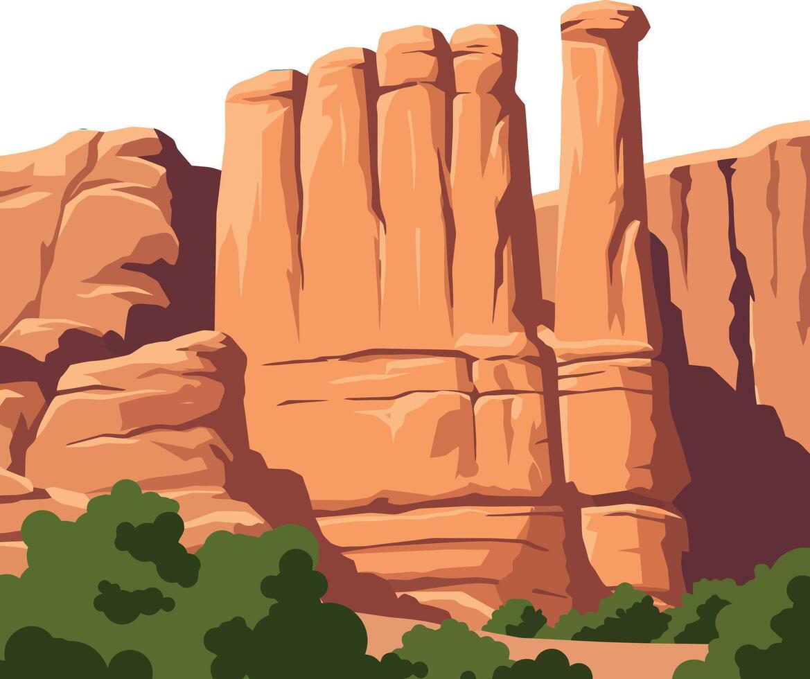 Red Rock Desert Cliffs with Green Shrubs Illustration Landscape Nature Scene vector