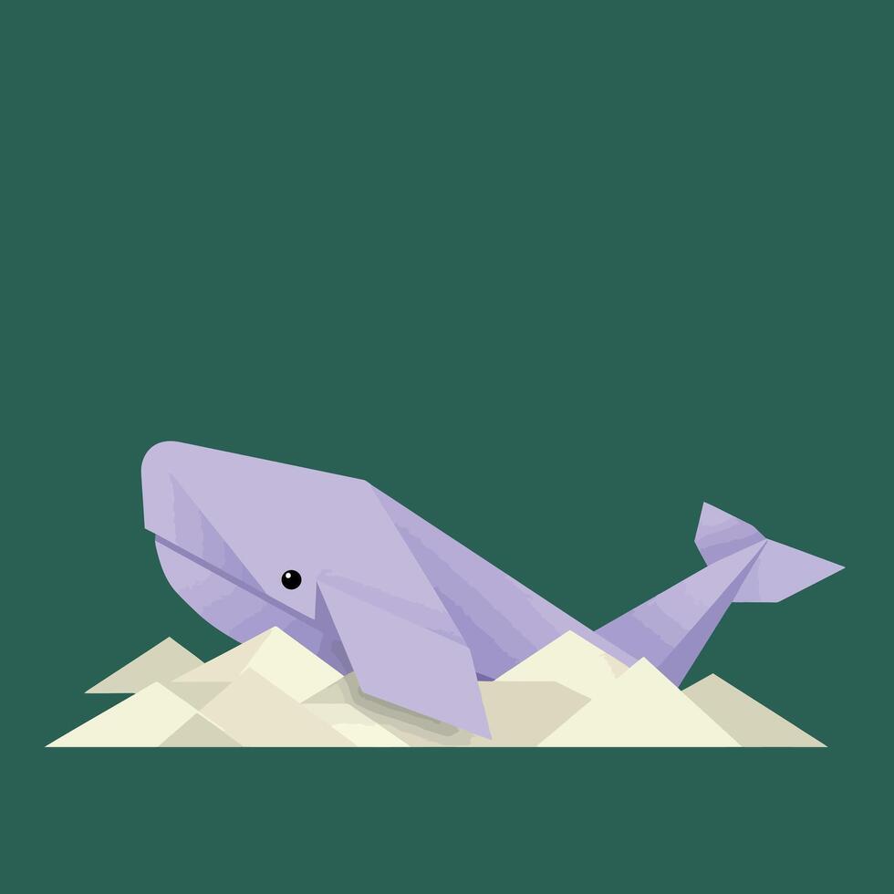 Origami Purple Whale Illustration on Green Background with Sand Texture vector