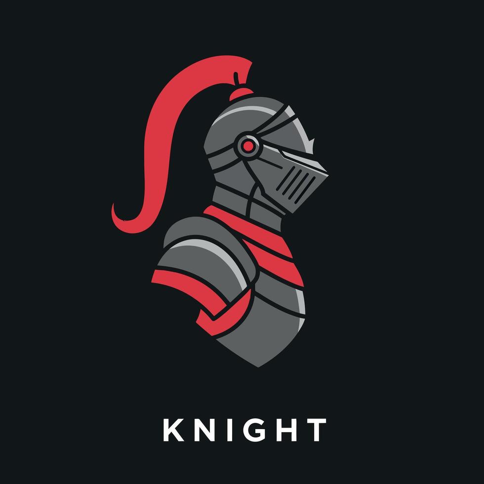 Knight helmet logo design with red plume and scarf illustration for branding vector