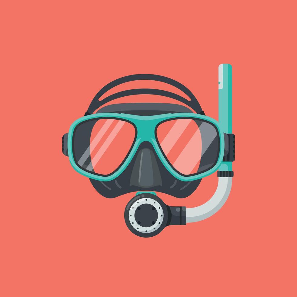 Snorkeling mask and snorkel gear in turquoise and black illustration on coral background vector