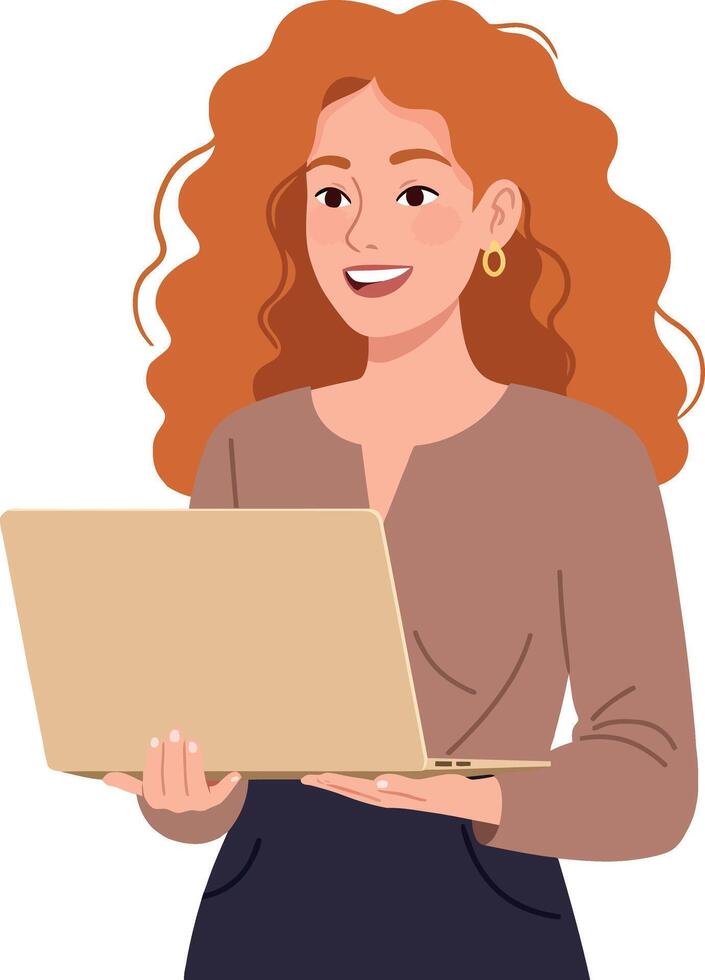 Redhead Woman Working on Laptop Smiling Digital Illustration for Remote Work or Study vector
