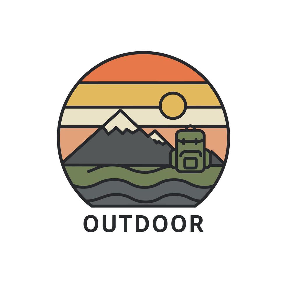 Outdoor adventure logo design with mountains backpack sun and sunset colors vector