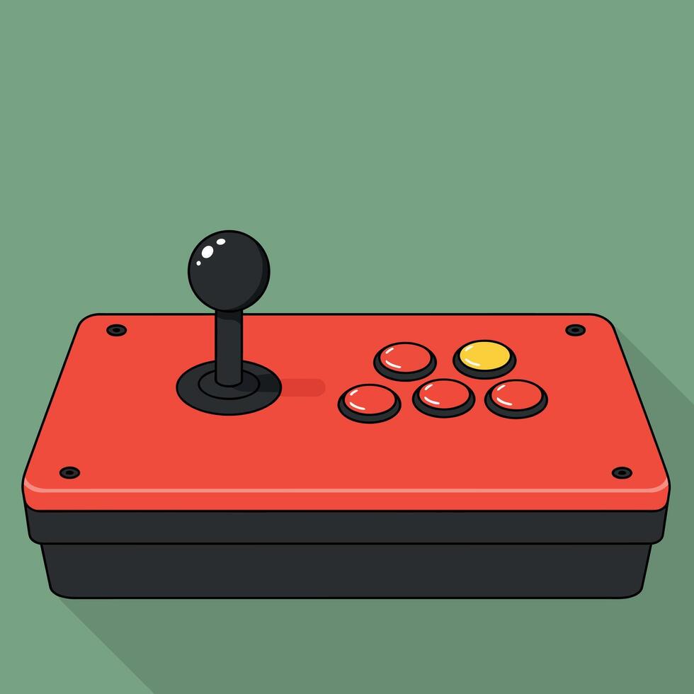 Retro arcade joystick with red buttons and black base on green background illustration vector