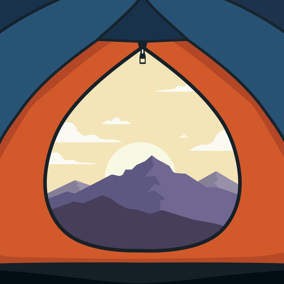 Mountain landscape viewed from inside orange camping tent during sunrise illustration vector