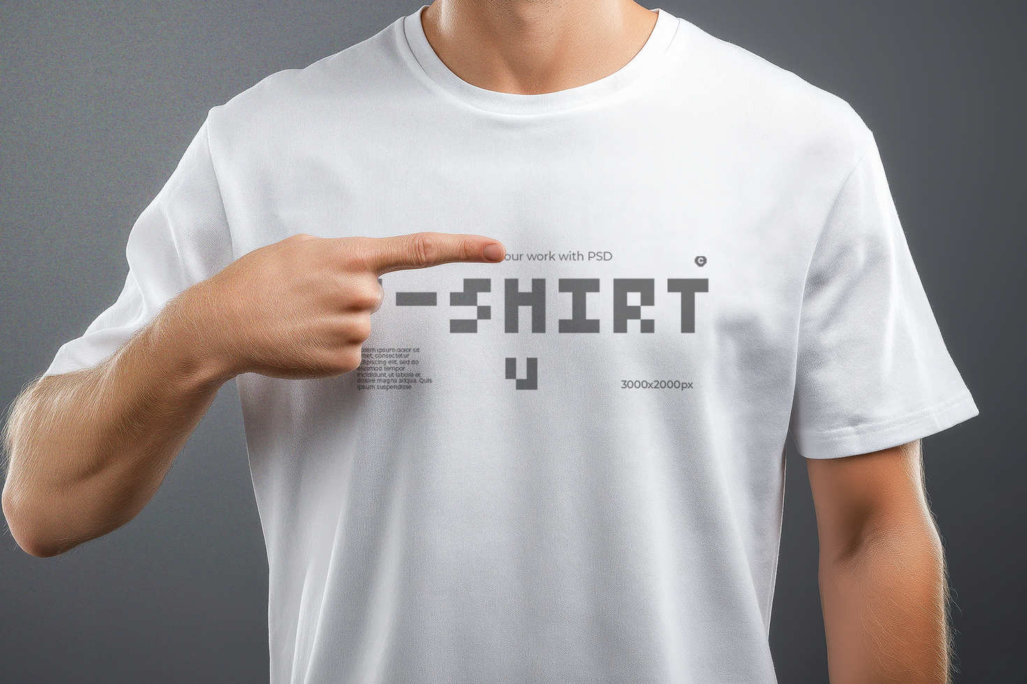 Man pointing to a white t-shirt mockup psd