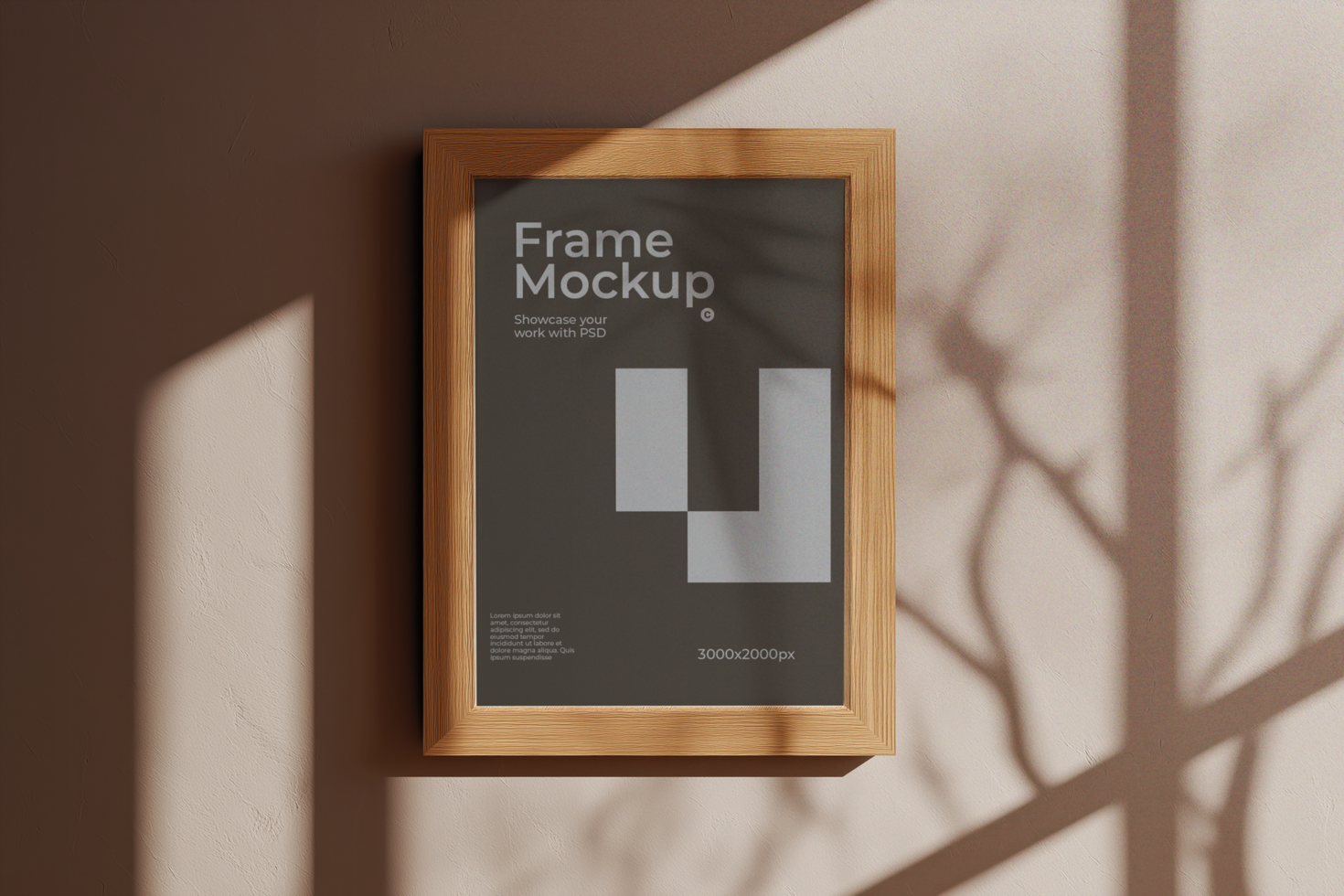 Wooden frame mockup with shadow overlay on a beige wall psd