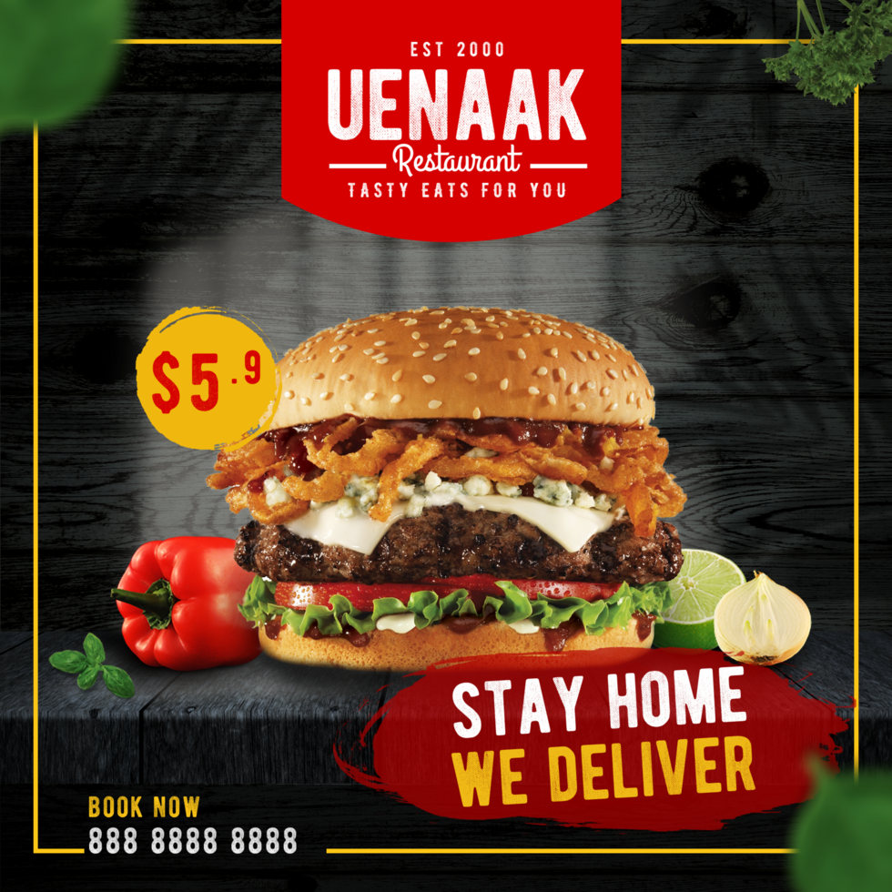 Dark Black with brushstroke Stay Home We Deliver Square Social Media Promo psd