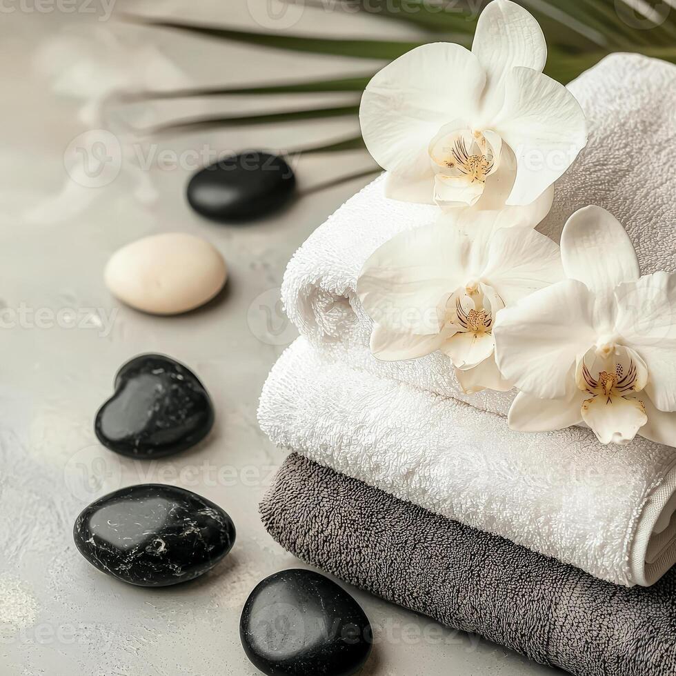 Stack of white towels with black rocks on top photo