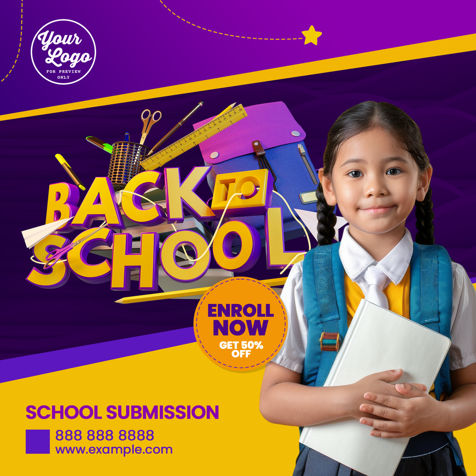 Purple Yellow Enroll Now back to school social media post psd