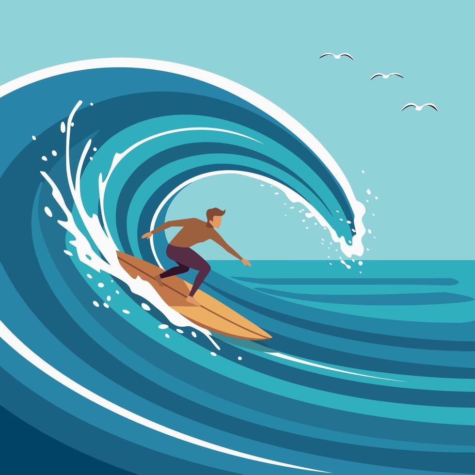 Surfer riding large ocean wave with sea birds in blue sky illustration vector