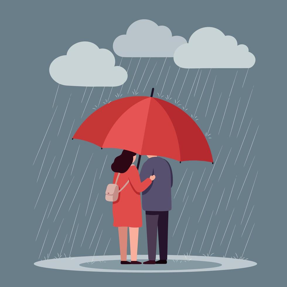 Couple standing under red umbrella in rainy weather with clouds and rain drops illustration vector