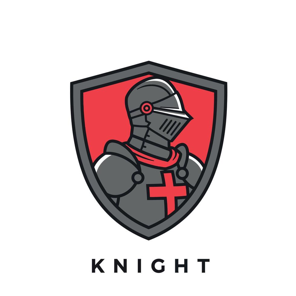 Knight emblem logo design with medieval armor and red cross shield illustration vector
