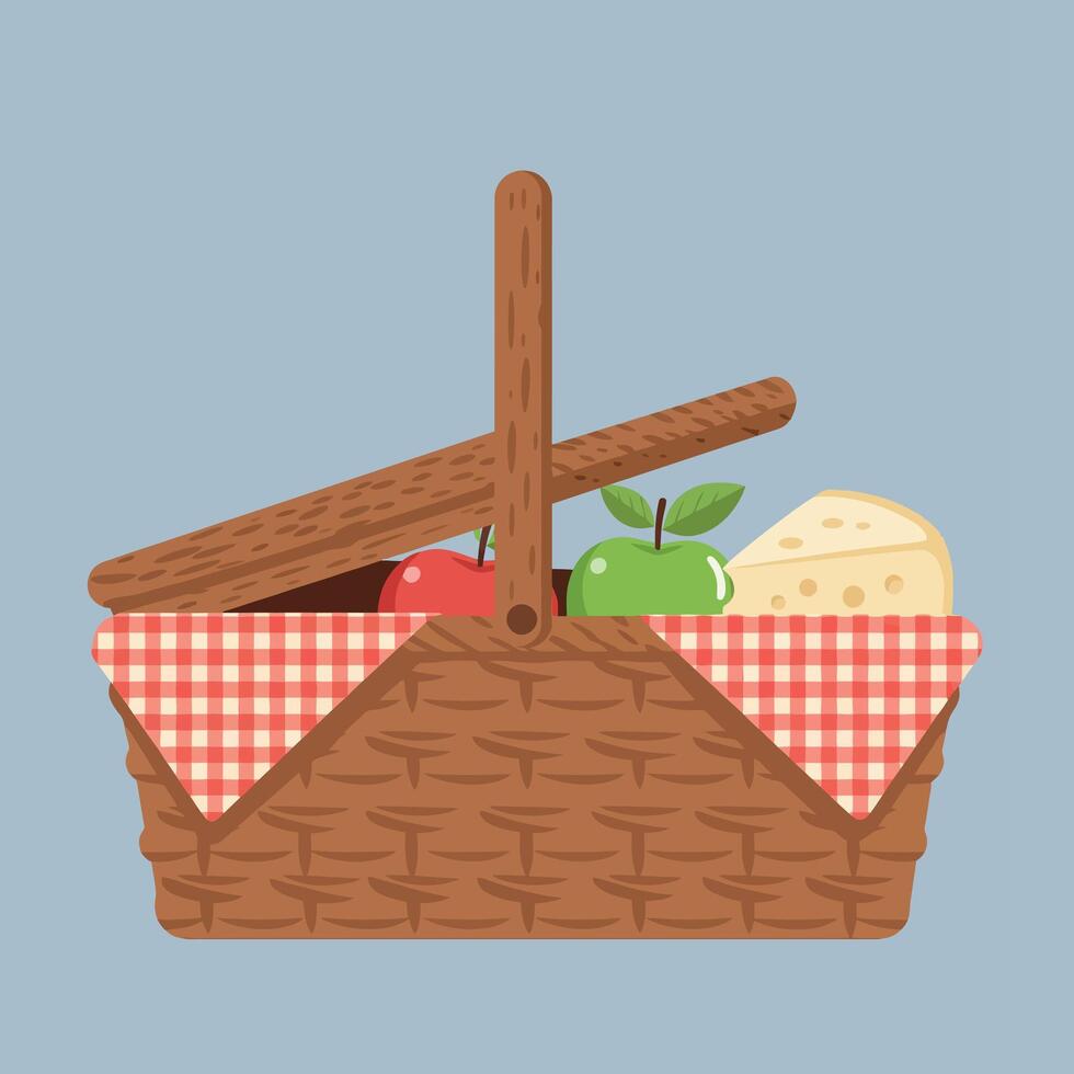 Picnic basket with red and green apples and cheese on checkered cloth illustration vector