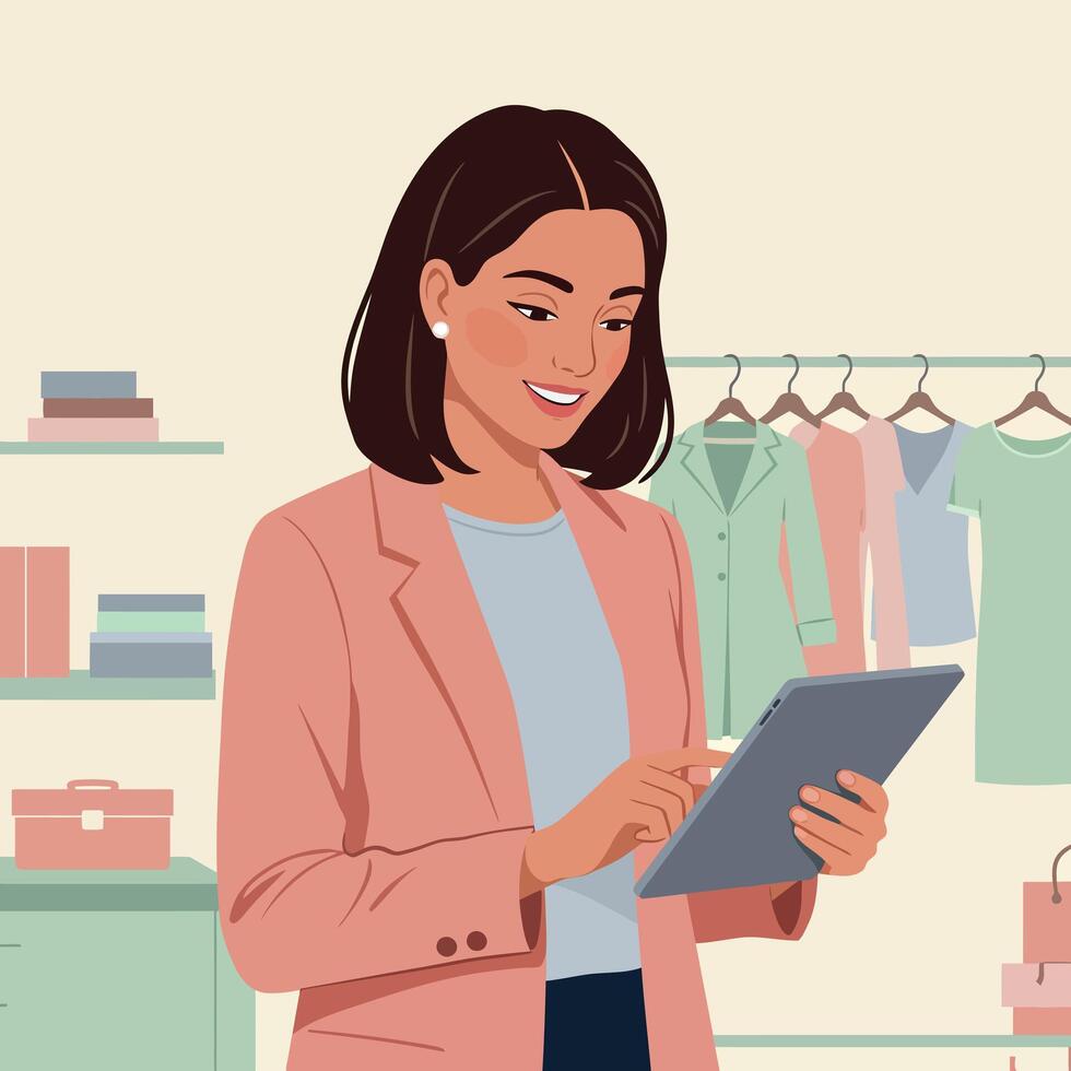 Businesswoman using tablet in fashion store browsing clothes and accessories illustration vector
