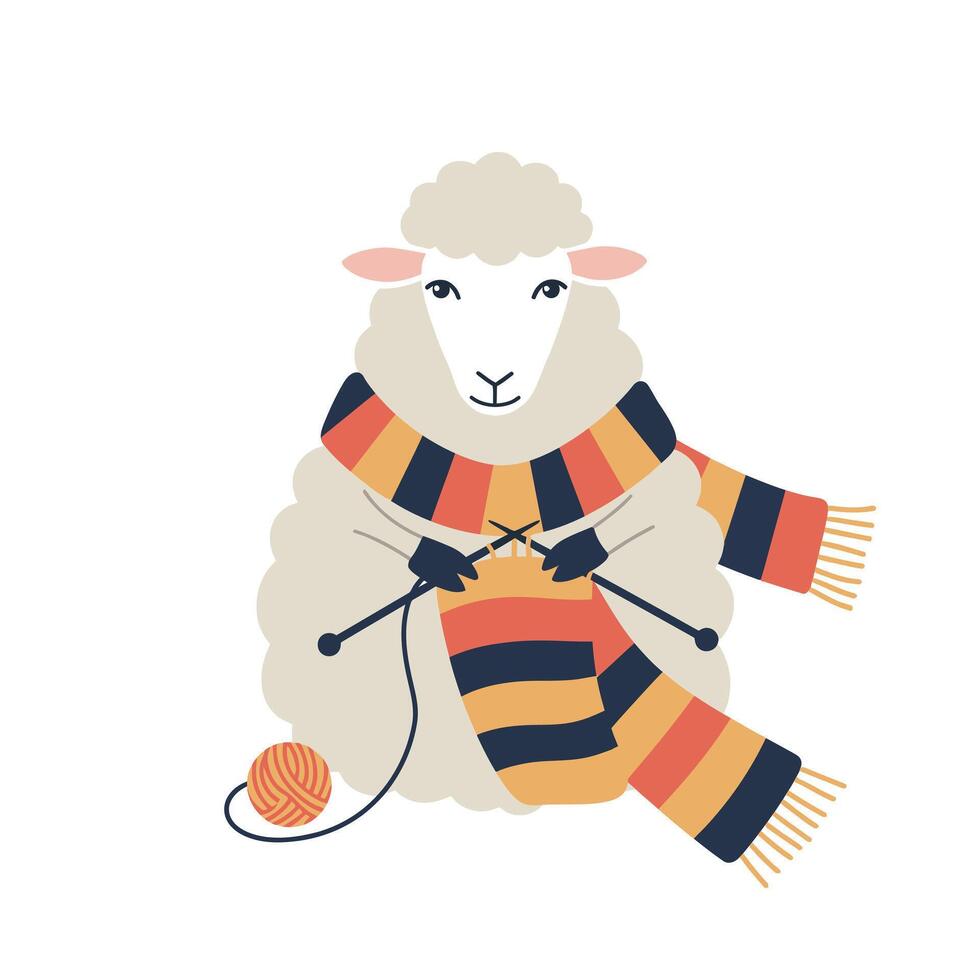 Sheep knitting colorful striped scarf with orange black and beige yarn illustration vector