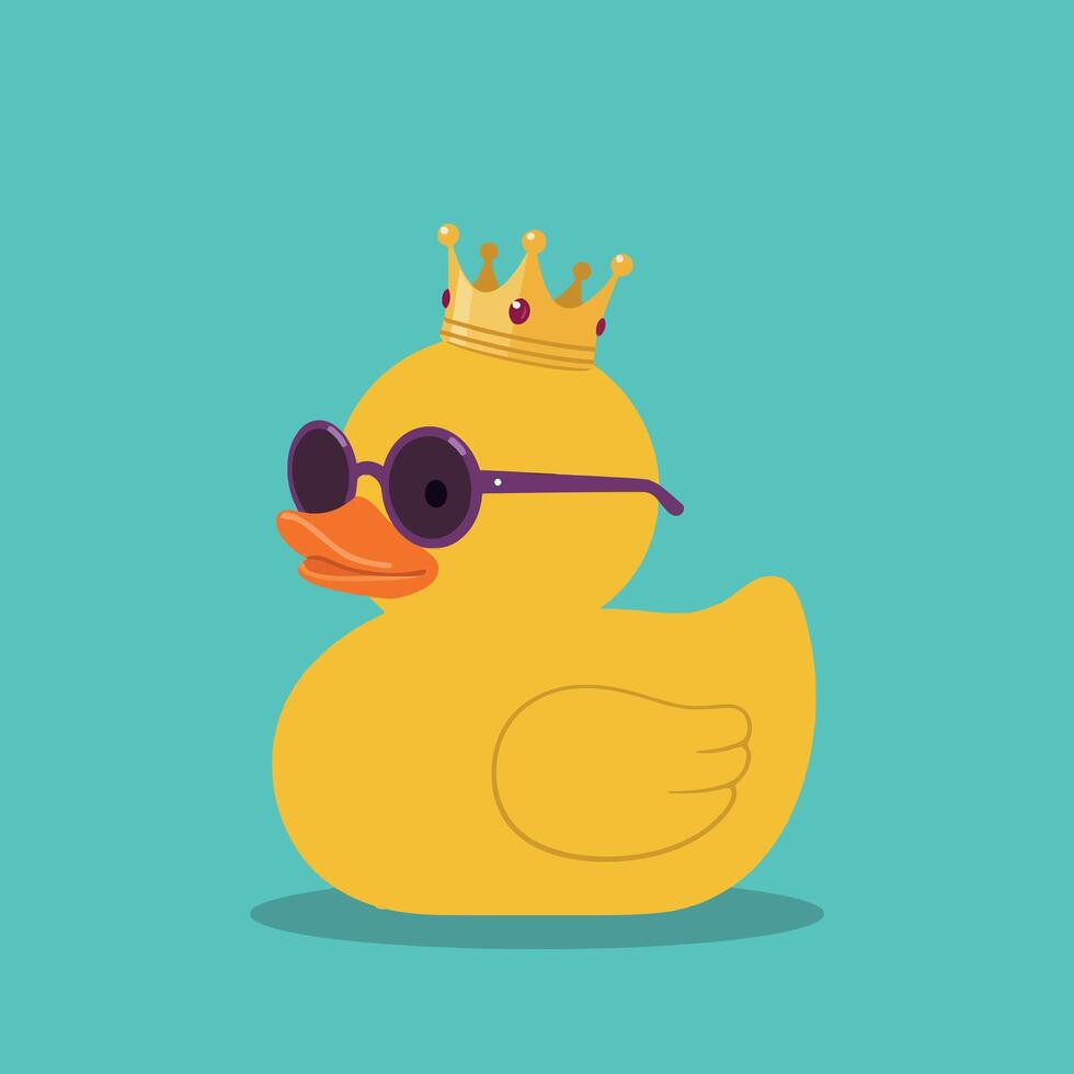 Rubber duck with golden crown and sunglasses on blue background illustration vector