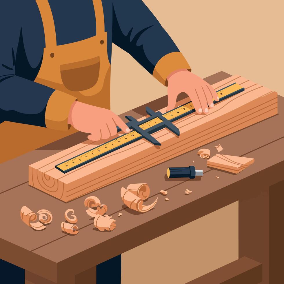 Carpenter measuring wooden plank using caliper on workbench with wood shavings illustration vector