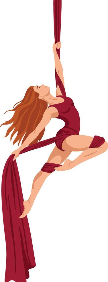 Aerial silk acrobat performing graceful pose in red fabric with flowing hair illustration vector