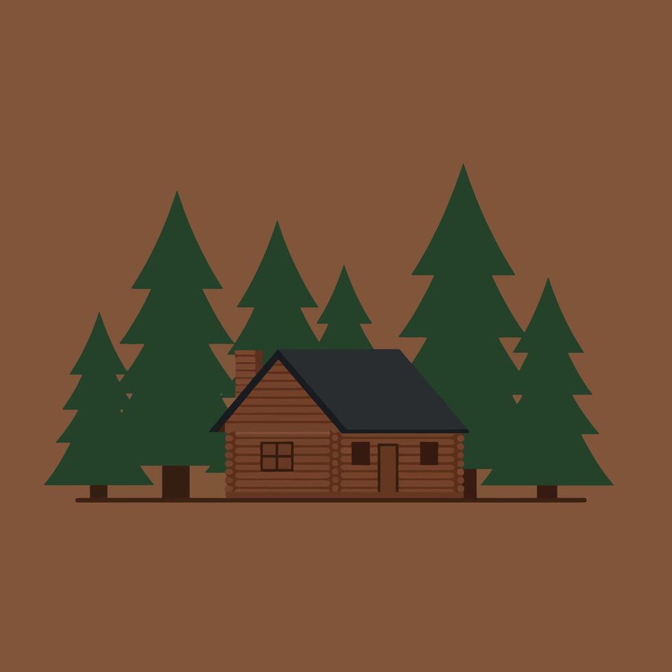 Wooden cabin surrounded by pine trees illustration with brown background and simple nature design vector