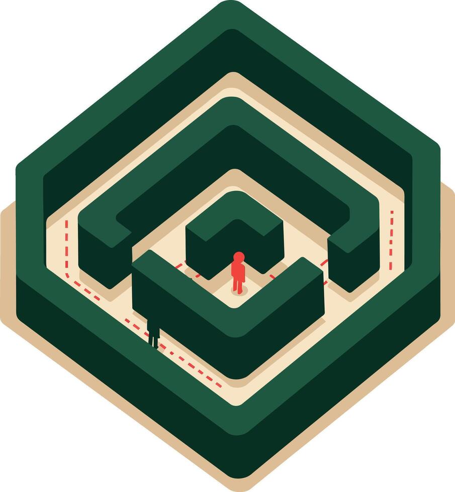 Isometric maze labyrinth with two human figures and path in green and beige colors illustration vector