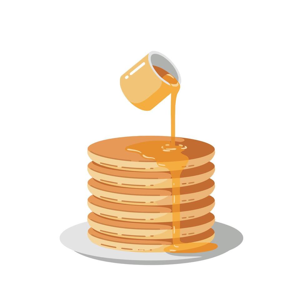 Stack of pancakes with syrup pouring and golden brown tones on white plate illustration vector
