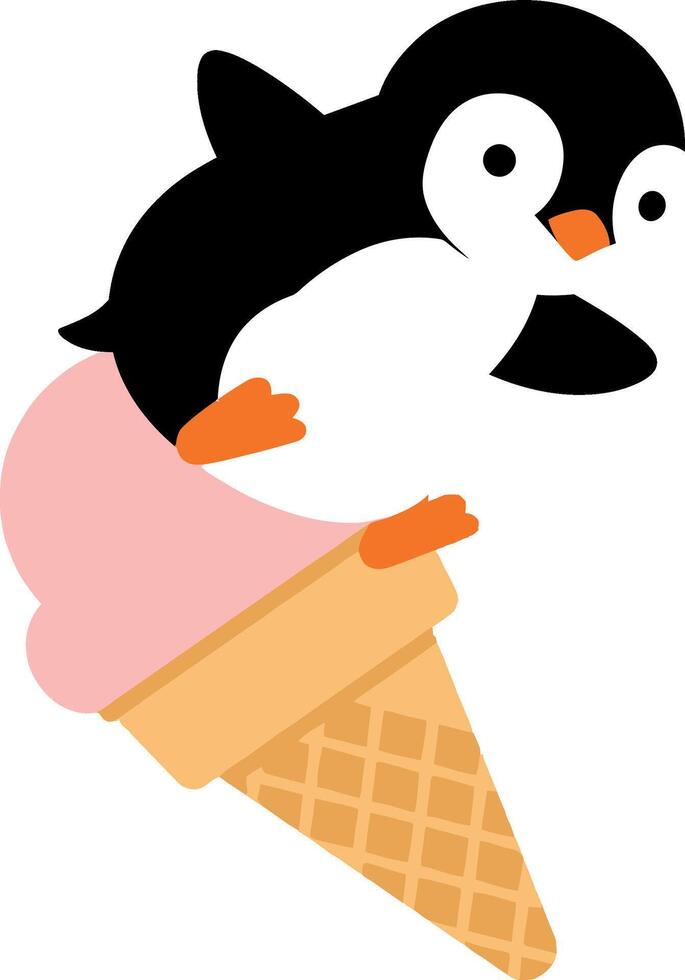 Penguin sitting on pink ice cream cone cartoon illustration for children design vector