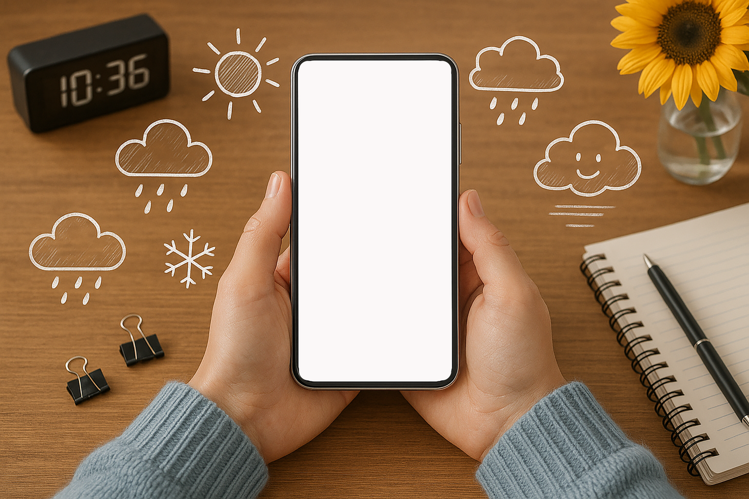 Woman holding smartphone with blank screen on desk with weather and weather forecast icons psd