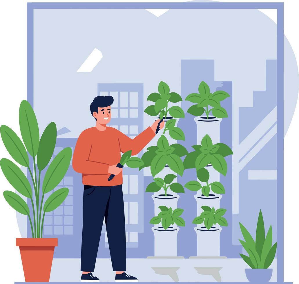 Man Caring for Indoor Plants with Green Leaves in Modern Apartment Illustration vector