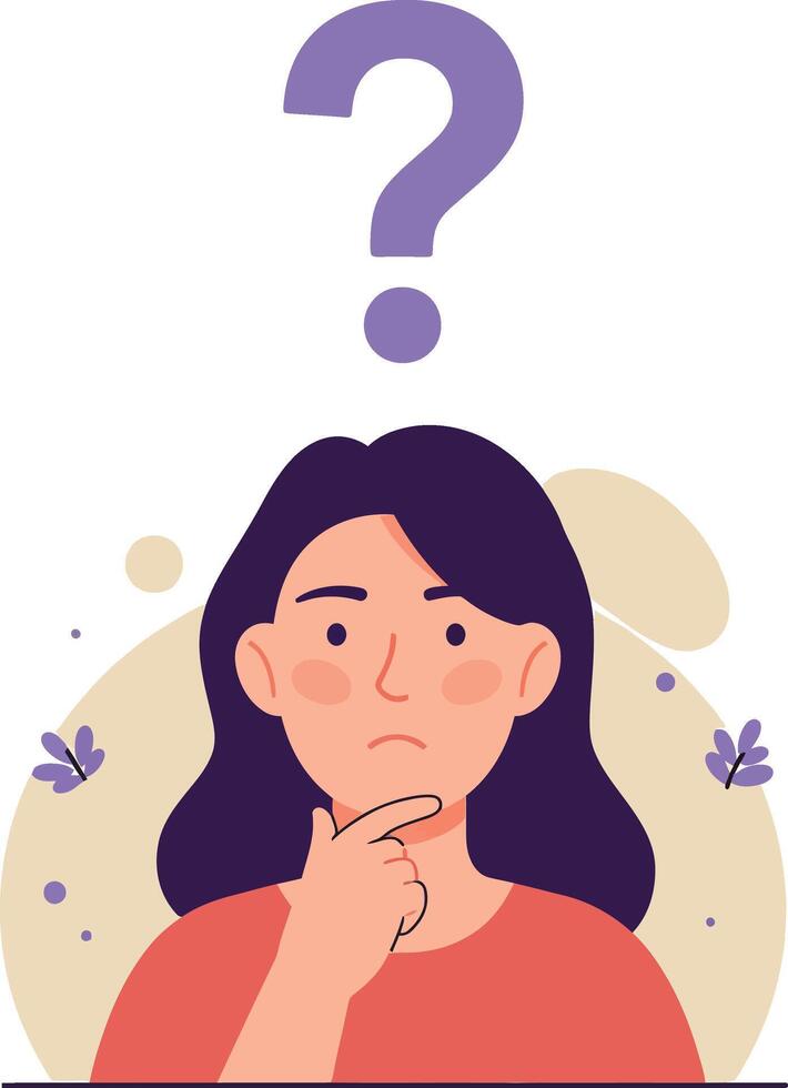 Woman with question mark pondering uncertain decision making concept illustration vector
