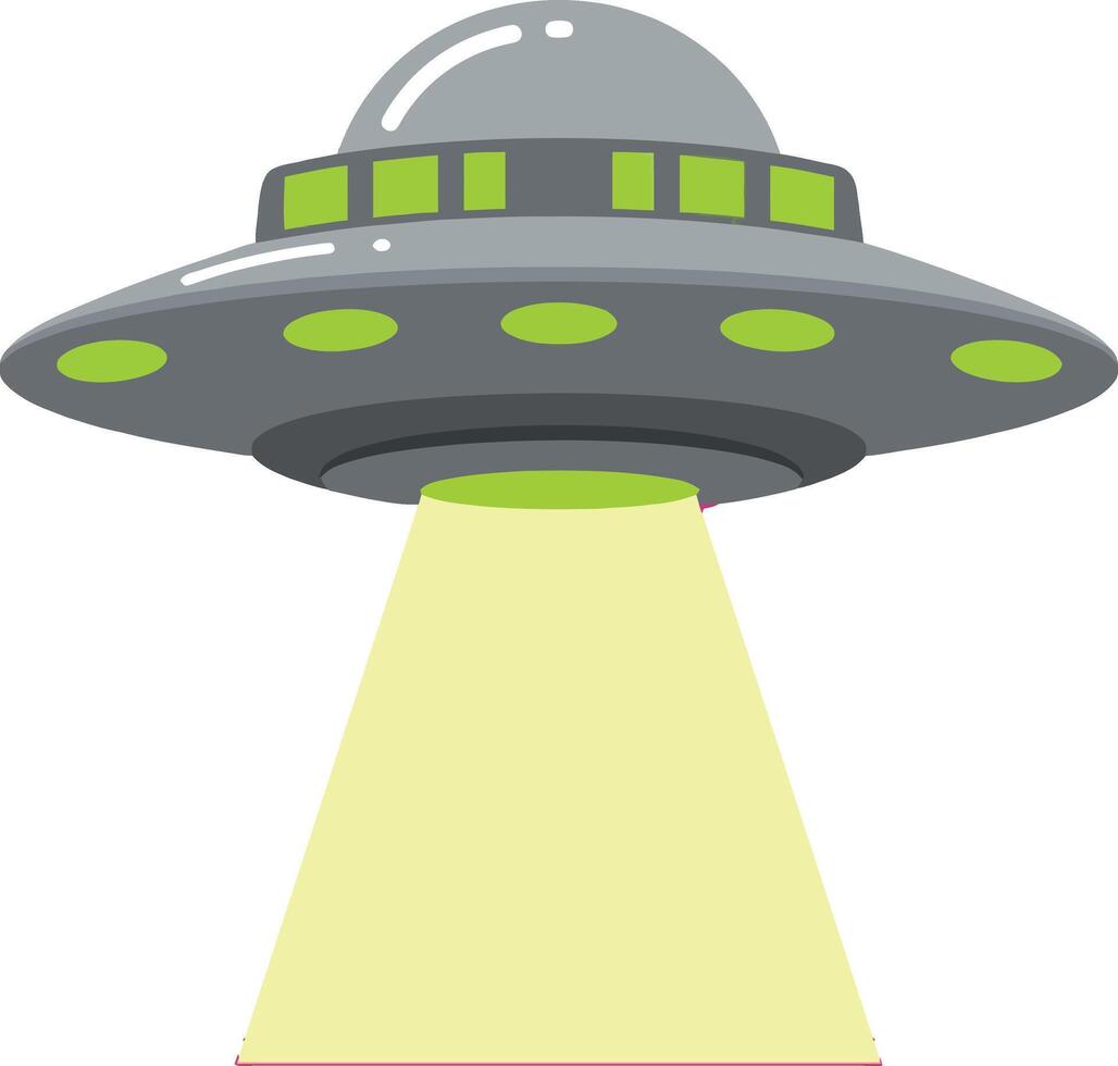 UFO spaceship with green lights and yellow beam illustration simple design vector