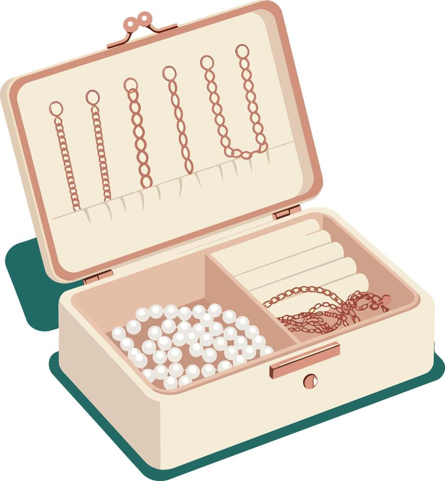 Jewelry box with pearl necklaces and bracelets illustration in beige and brown colors vector