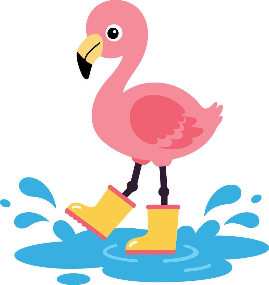 Pink flamingo wearing yellow boots splashing water playful illustration vector