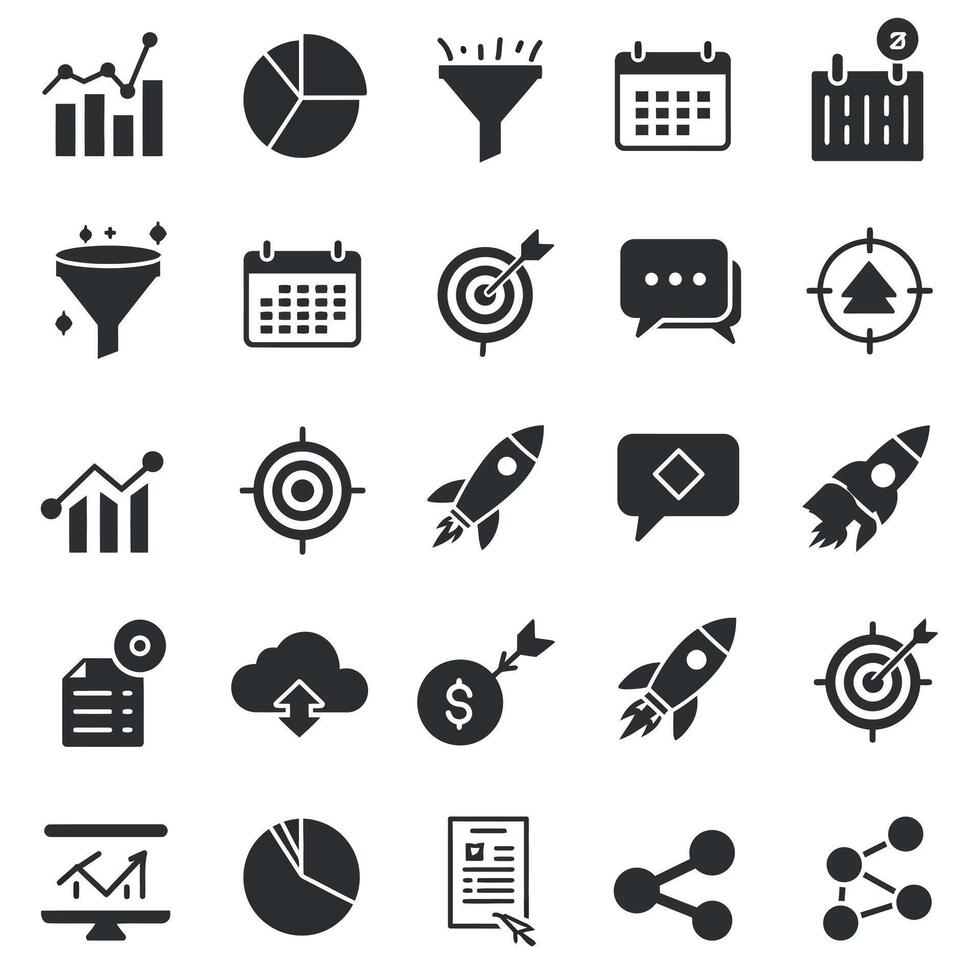Business and marketing icons set with charts rockets calendar and communication symbols vector
