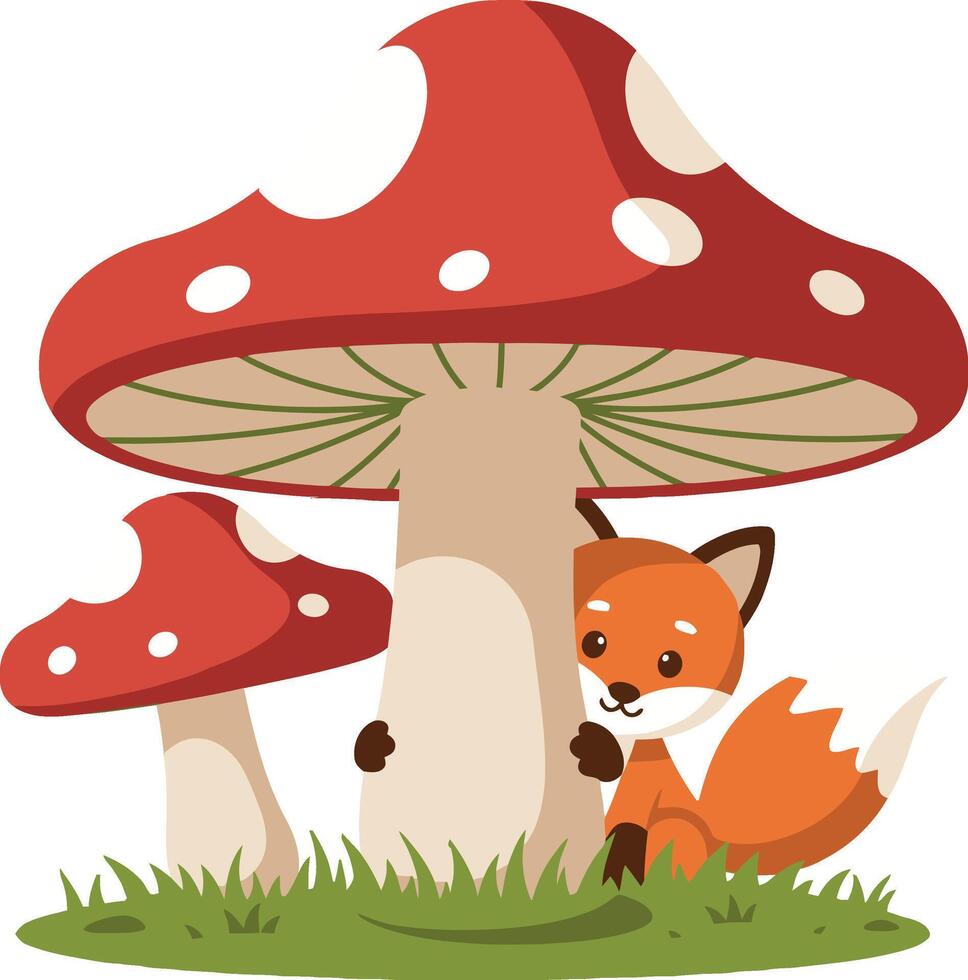 Fox hiding behind red mushroom with white spots in grassy field illustration vector