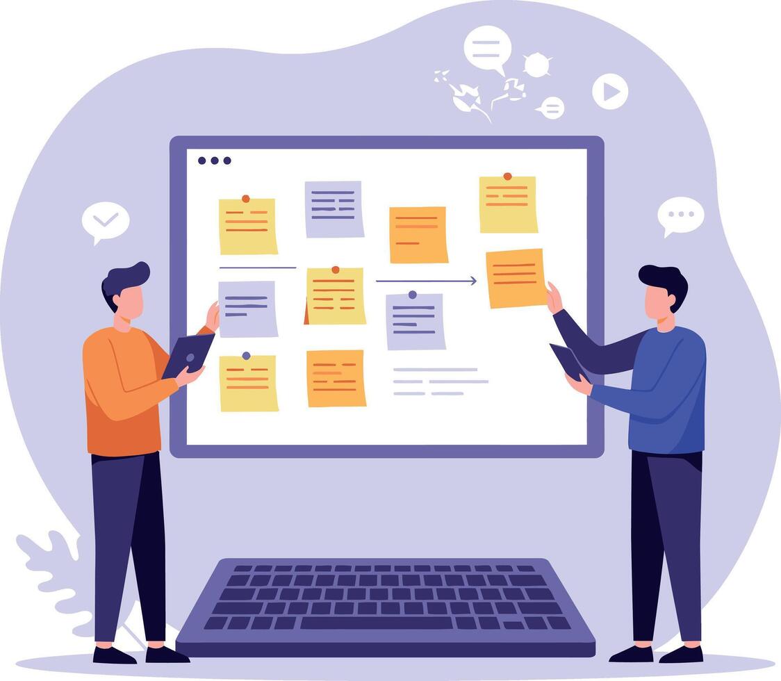 Teamwork collaboration planning on laptop screen with sticky notes and digital interface illustration vector