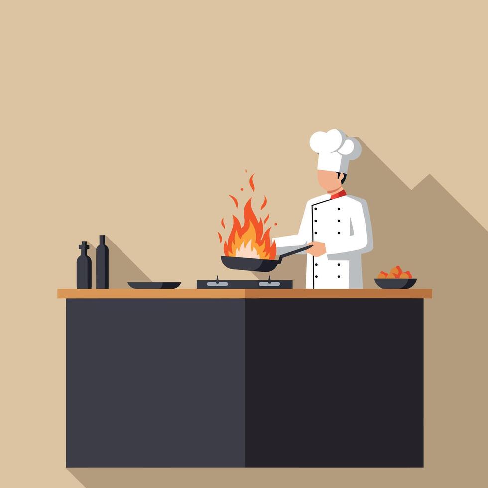 Chef cooking with flaming pan in modern kitchen interior illustration vector
